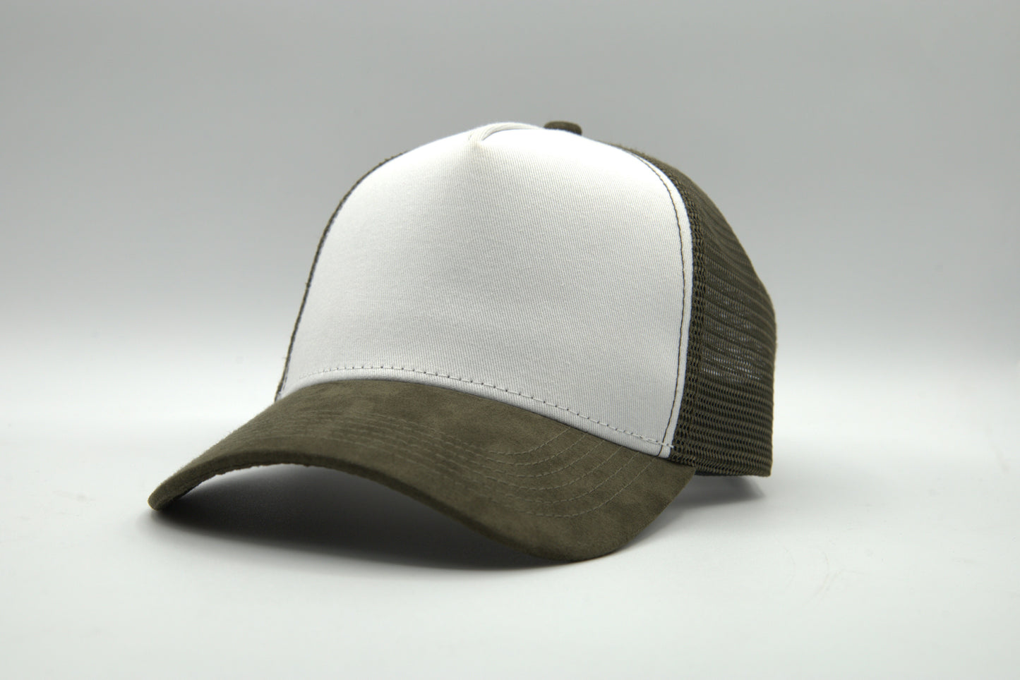 Premium Suede Brim White Front Trucker Snapback